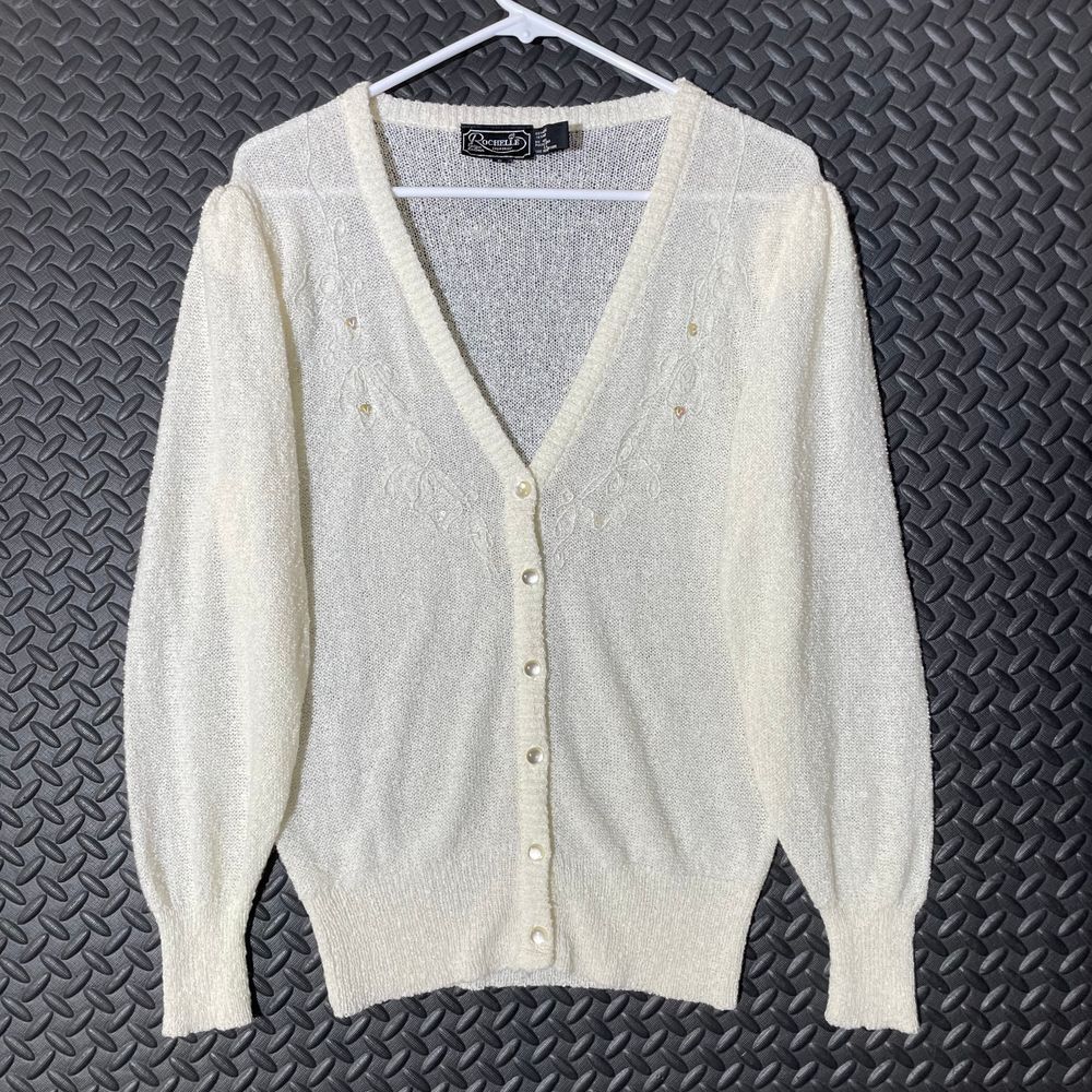 Vintage Rochelle Cream Floral Design Acrylic Blend Button Up‎ Cardigan Sweater S